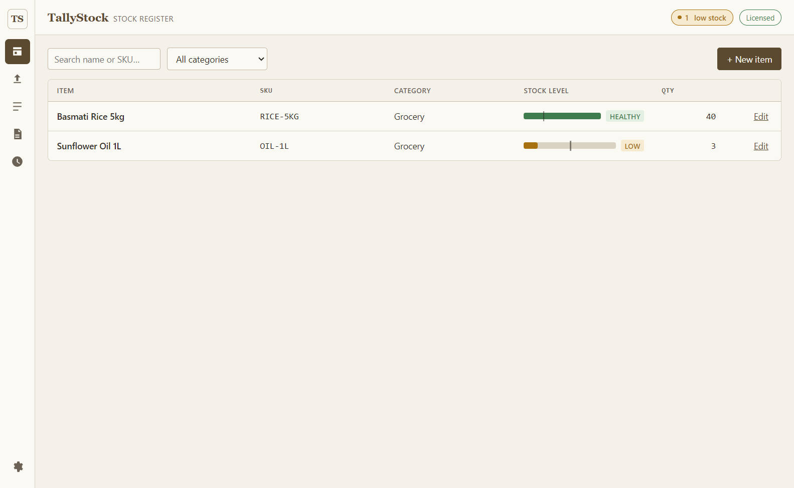 TallyStock item register: each row shows an item name, SKU, category, a horizontal stock-gauge bar with a reorder tick mark, a HEALTHY or LOW status badge, and the quantity on hand
